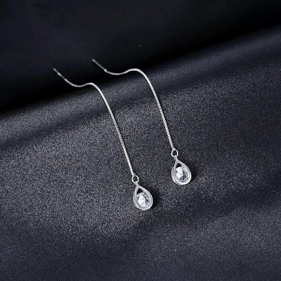 Gold 925 Sterling Silver Threader Earrings CZ Droplet Chain Dangle Earrings - Picture 5 of 5